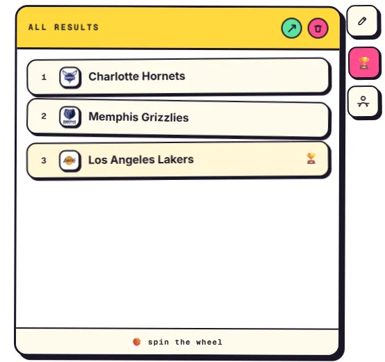 NBA Picker Wheel winner history panel showing past results